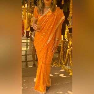 Vibrant Orange Floral Sari
